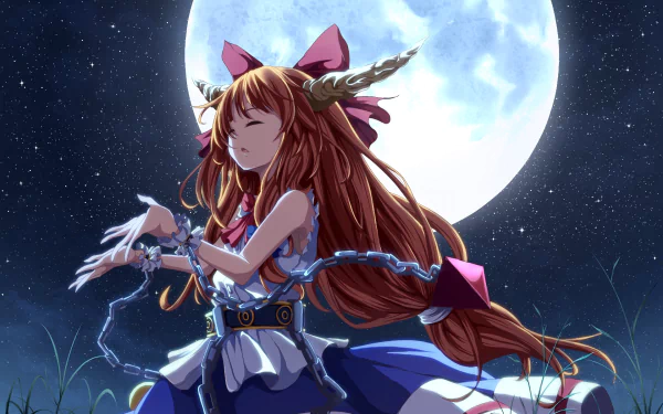 Suika Ibuki (Touhou) with horns, ribbons and chains, eyes closed beneath a glowing full moon — detailed anime HD PC desktop wallpaper background.