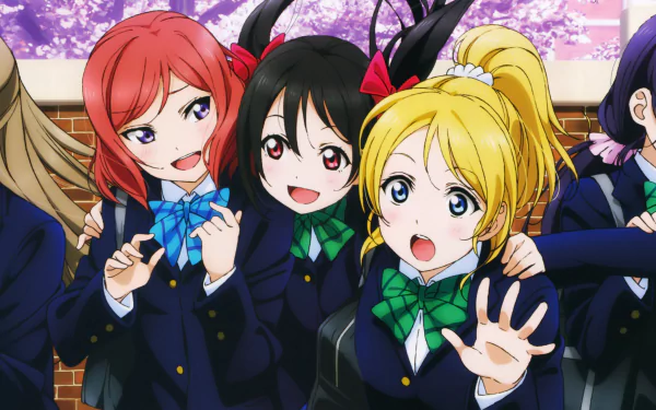 4K Ultra HD Love Live! anime wallpaper featuring Umi Sonoda, Rin Hoshizora, Nozomi Tojo, Nico Yazawa, Maki Nishikino, Kotori Minami, Honoka Kousaka, Hanayo Koizumi, and Eri Ayase.