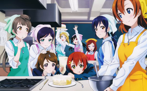 Anime-style 8K Ultra HD wallpaper featuring Nico Yazawa, Rin Hoshizora, Hanayo Koizumi, Nozomi Tojo, Maki Nishikino, Eri Ayase, Kotori Minami, Umi Sonoda, and Honoka Kousaka from Love Live!