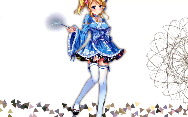 HD PC desktop wallpaper featuring Eri Ayase from the anime Love Live! in a blue outfit with a detailed background design.