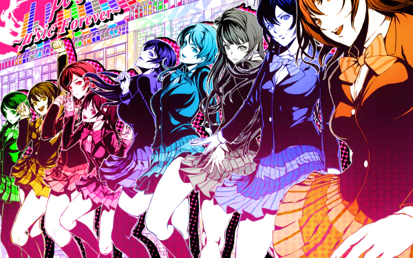 HD desktop wallpaper featuring vibrant, colorful illustrations of Umi Sonoda, Rin Hoshizora, Nozomi Tojo, Nico Yazawa, Maki Nishikino, Kotori Minami, Honoka Kousaka, Hanayo Koizumi, Eri Ayase from the anime Love Live!