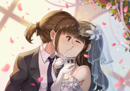 HD desktop wallpaper of Shuka Saitou and Anju Inami's characters from Love Live! Sunshine!! sharing a kiss at their wedding, surrounded by falling petals and romantic decor in an anime style.