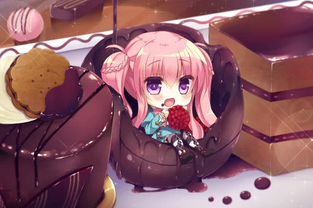 HD anime desktop wallpaper featuring a cute original character with pink hair sitting inside a chocolate bowl, surrounded by various desserts and sweets.
