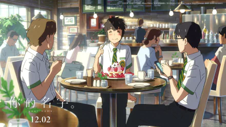 HD anime desktop wallpaper featuring Taki Tachibana from Your Name. sitting with friends in a cozy café, enjoying dessert and drinks.
