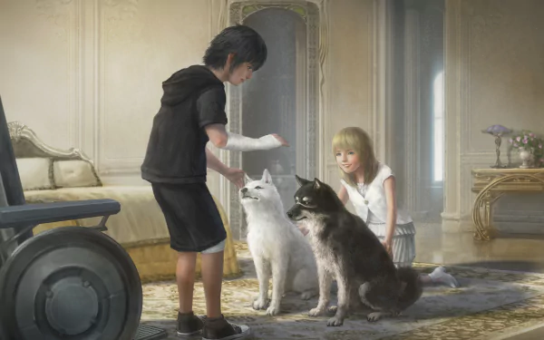 HD wallpaper featuring Noctis Lucis Caelum and Lunafreya Nox Fleuret from Final Fantasy XV, with two dogs in an elegant room.