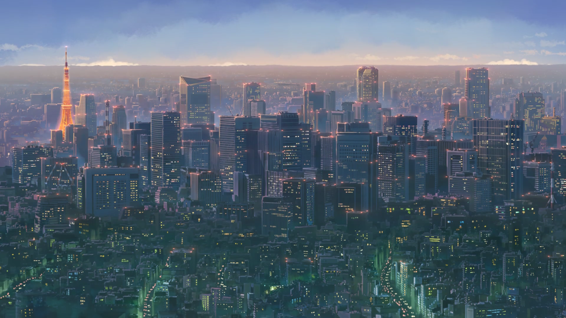 HD anime cityscape wallpaper showcasing a sprawling urban skyline at dusk, capturing a vibrant crossroad scene with detailed buildings and soft evening light.