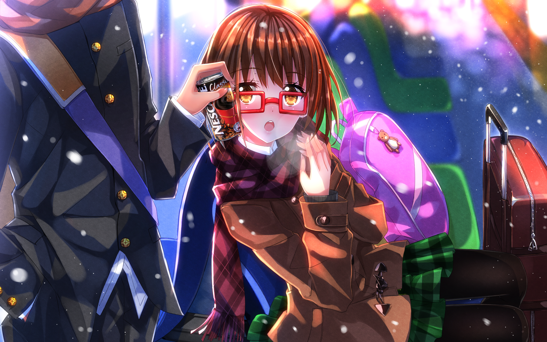 HD anime desktop wallpaper from Cross Road featuring a girl with glasses in a winter coat, surrounded by vibrant city lights and falling snow.