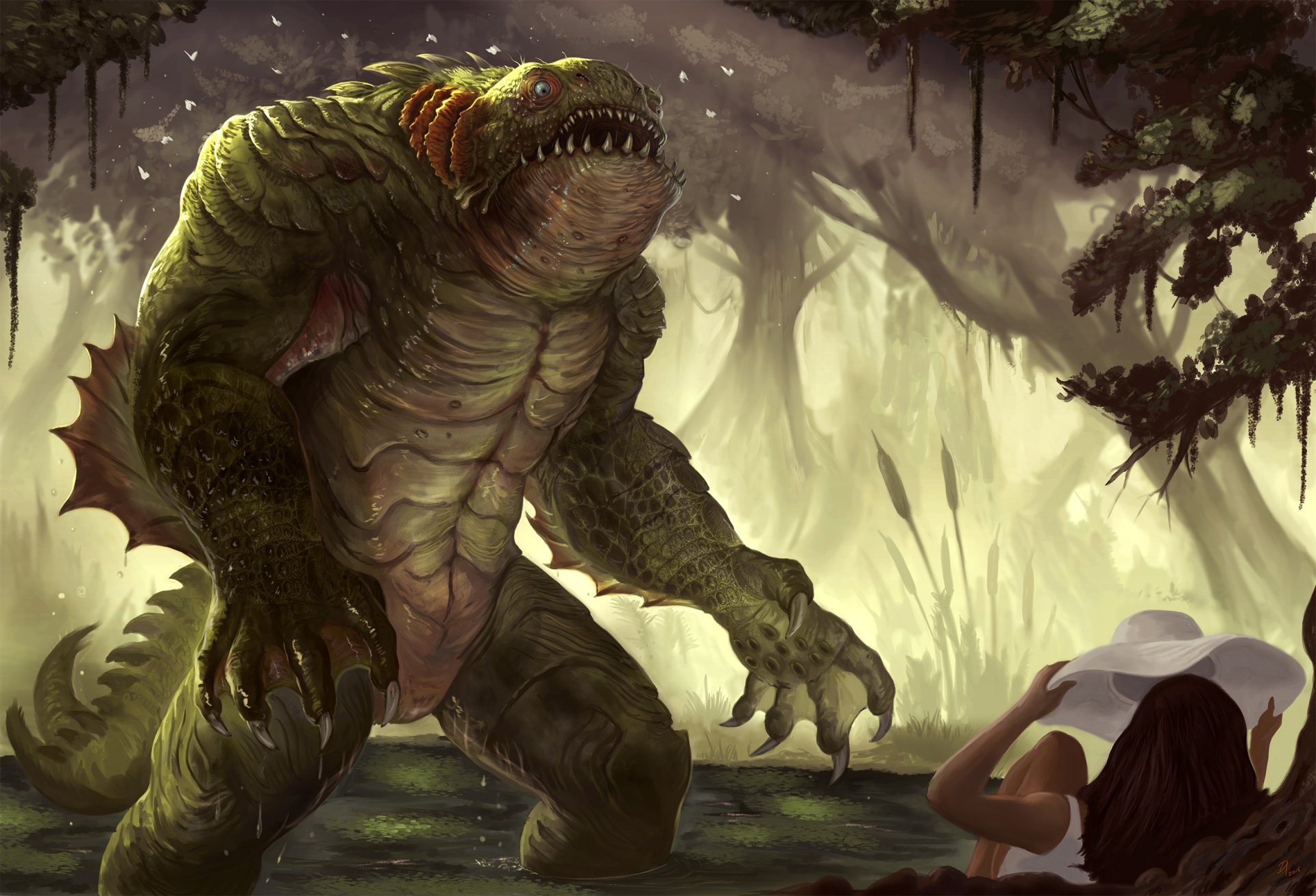 HD fantasy desktop wallpaper depicting a menacing swamp creature emerging from misty, dense foliage as a figure watches from the foreground.