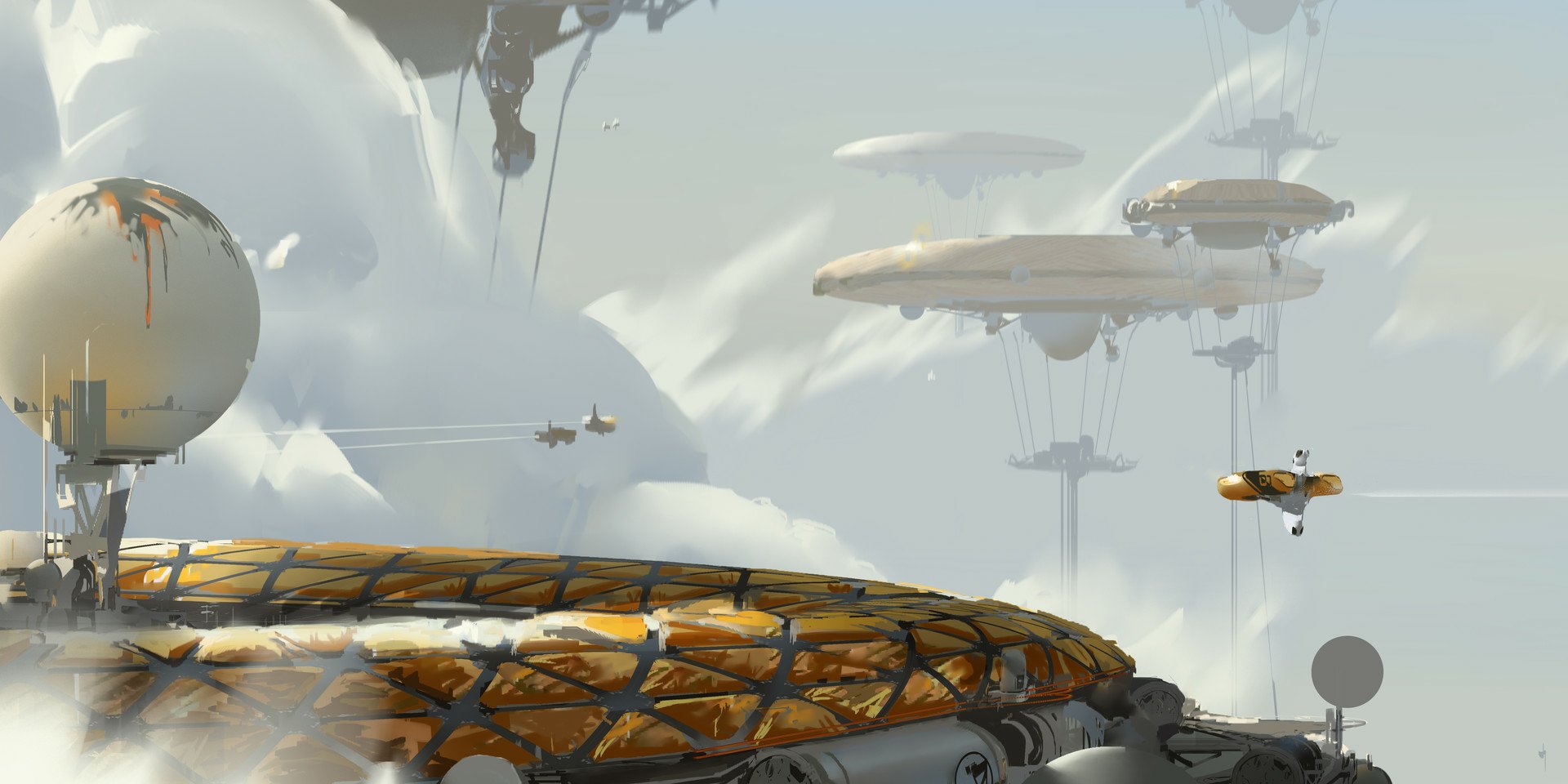 HD desktop wallpaper featuring a fantastical scene with futuristic vehicles flying among cloud cities.