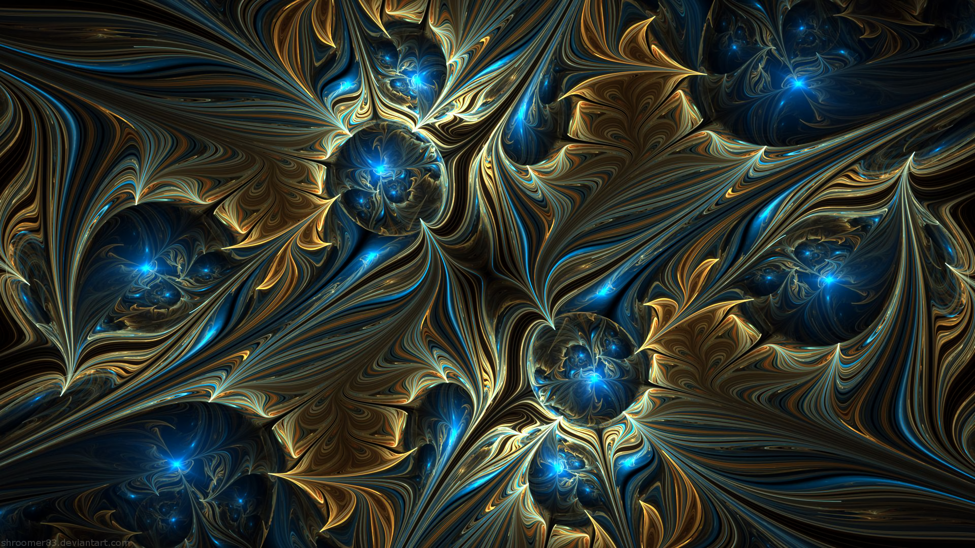 HD PC desktop wallpaper featuring an abstract blue fractal design with intricate swirling patterns and glowing orbs in deep, rich tones.