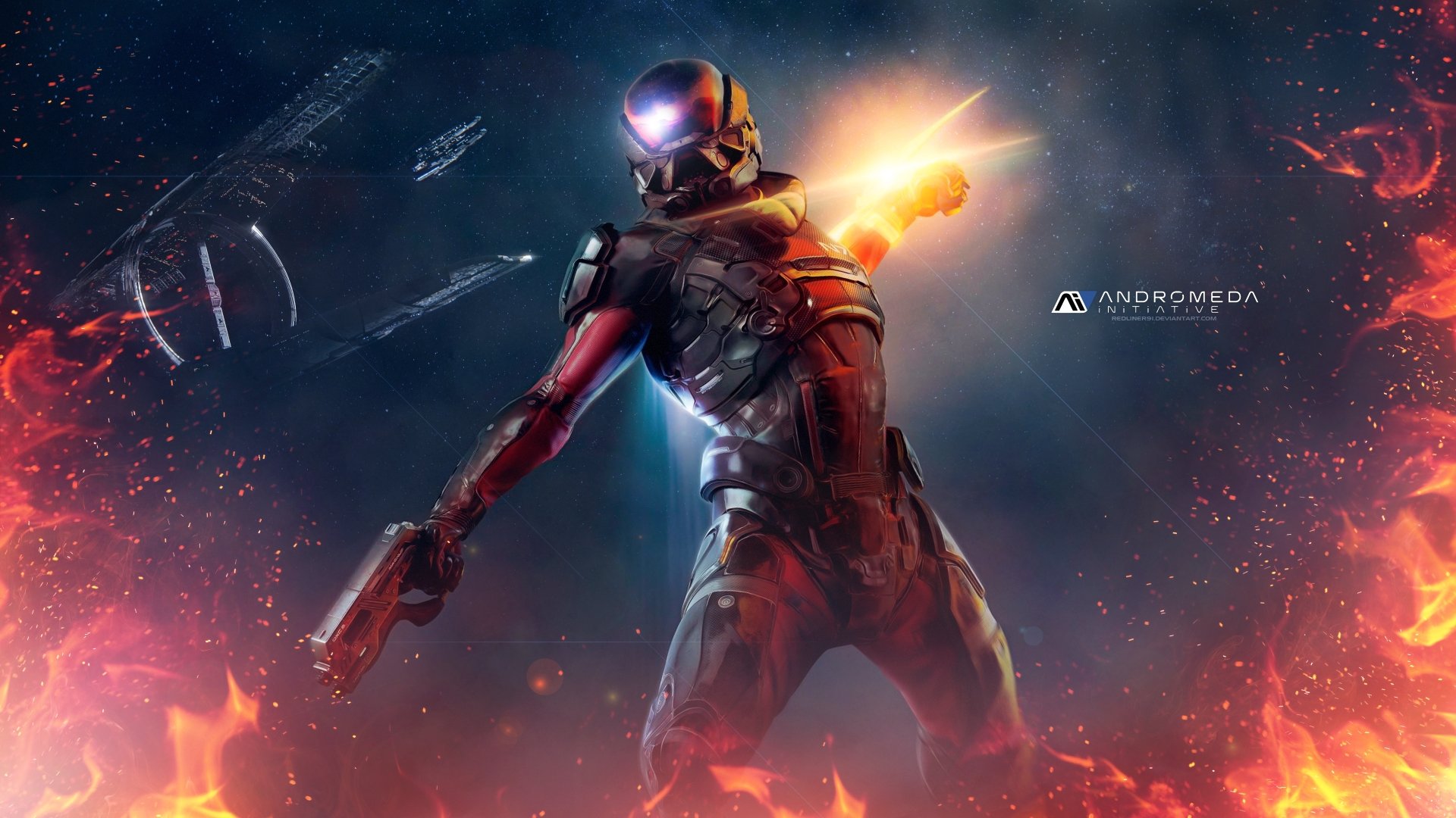 HD desktop wallpaper of a character from Mass Effect: Andromeda in a dynamic pose with a galactic background, featuring fiery and space elements.