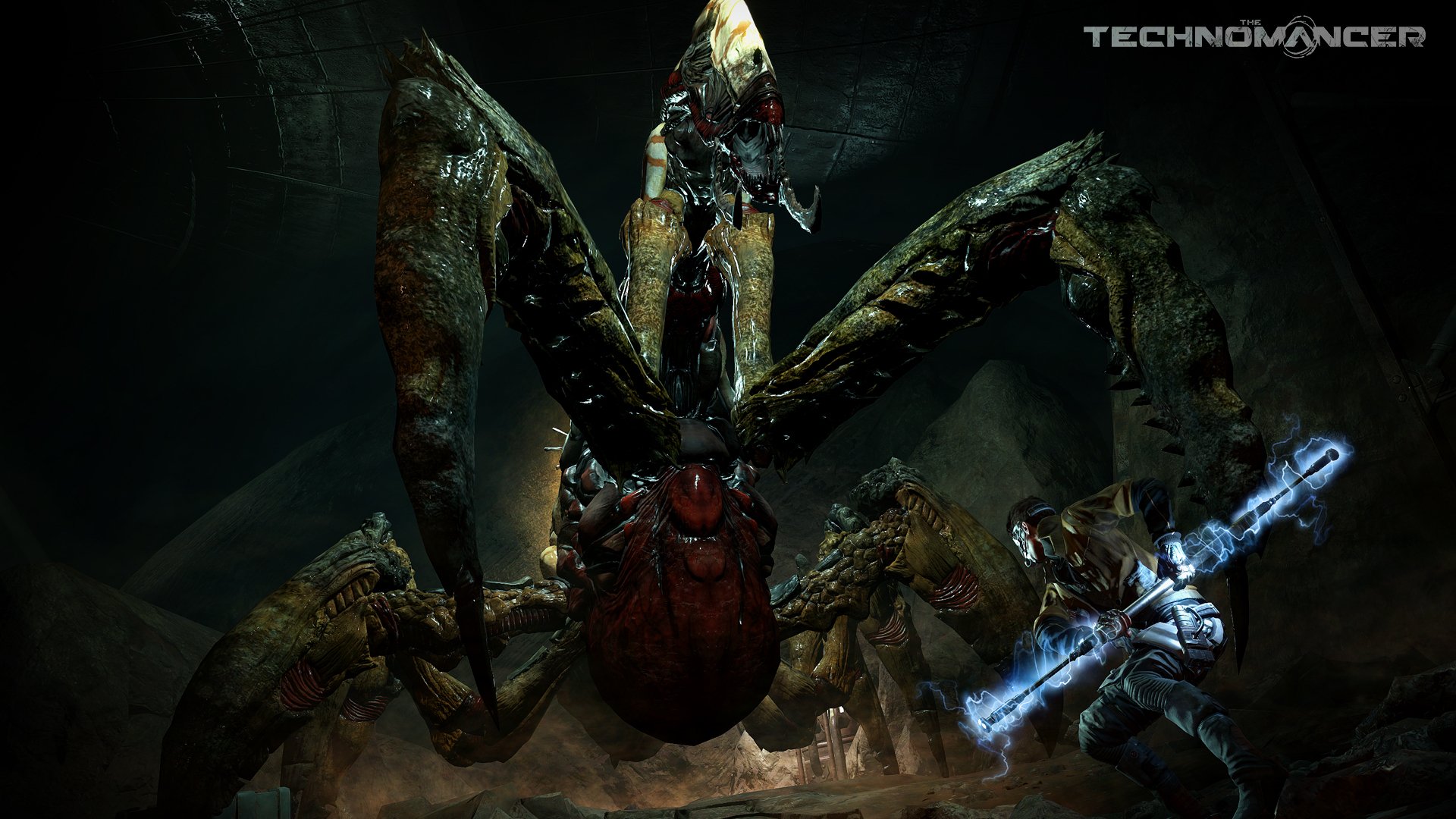 HD wallpaper of a creature from The Technomancer video game, featuring a large menacing spider-like entity confronting a character wielding electrical power.