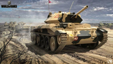HD desktop wallpaper of a Crusader tank from the video game World of Tanks, featuring detailed camouflage and a battle-ready stance in a rugged terrain.