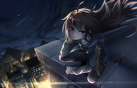 Anime-style HD PC desktop wallpaper featuring a character from Pixiv Fantasia T, titled Tian Ling Qian Ye, sitting on a rooftop at night overlooking a cityscape.