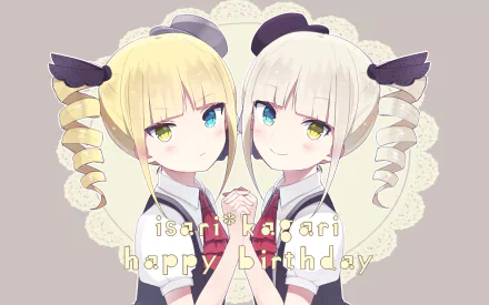 HD anime desktop wallpaper from Schoolgirl Strikers: Animation Channel featuring two blonde girls with twin drills and contrasting eye colors against a lace-patterned background.