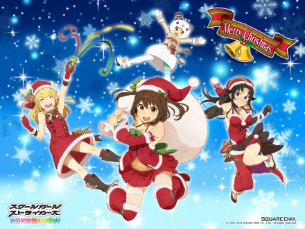 HD PC desktop wallpaper featuring anime characters from Schoolgirl Strikers: Animation Channel dressed in festive Christmas outfits with a snowy, bright background and holiday decorations.