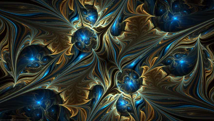 HD PC desktop wallpaper featuring an abstract blue fractal design with intricate swirling patterns and glowing orbs in deep, rich tones.