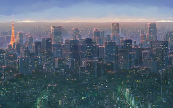 HD anime cityscape wallpaper showcasing a sprawling urban skyline at dusk, capturing a vibrant crossroad scene with detailed buildings and soft evening light.