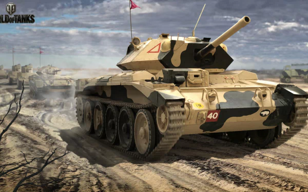 HD desktop wallpaper of a Crusader tank from the video game World of Tanks, featuring detailed camouflage and a battle-ready stance in a rugged terrain.