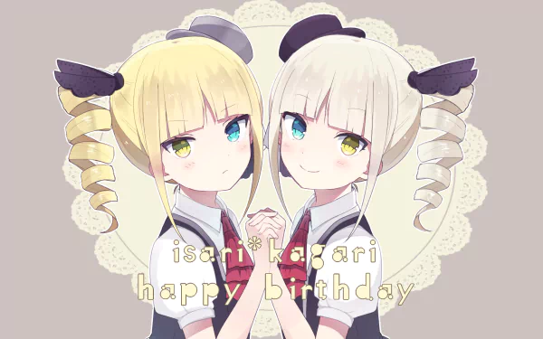 HD anime desktop wallpaper from Schoolgirl Strikers: Animation Channel featuring two blonde girls with twin drills and contrasting eye colors against a lace-patterned background.