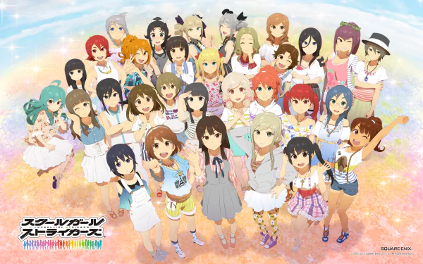 HD PC desktop wallpaper of Schoolgirl Strikers: Animation Channel — a large group of colorful anime schoolgirls smiling and posing together on a pastel, sparkling background.