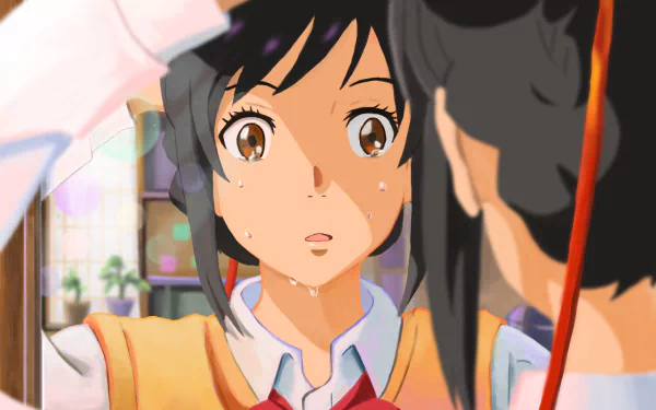 HD desktop wallpaper featuring Mitsuha Miyamizu from the anime Your Name., looking surprised in front of a mirror.
