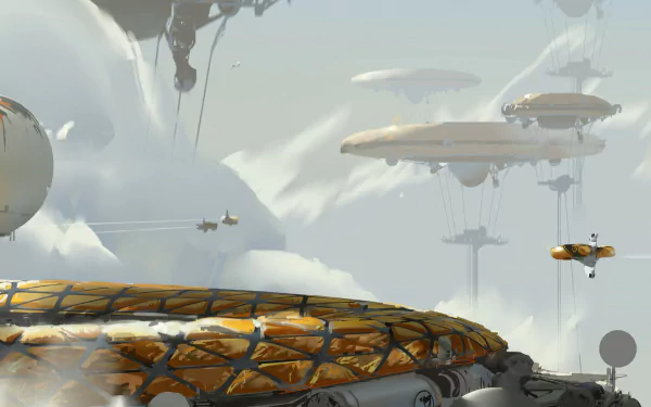 HD desktop wallpaper featuring a fantastical scene with futuristic vehicles flying among cloud cities.