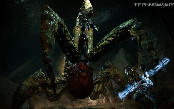 HD wallpaper of a creature from The Technomancer video game, featuring a large menacing spider-like entity confronting a character wielding electrical power.