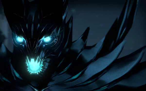 HD dark-themed desktop wallpaper featuring Terrorblade from Dota 2, showcasing glowing blue eyes and sharp, menacing armor in a dark gaming aesthetic.