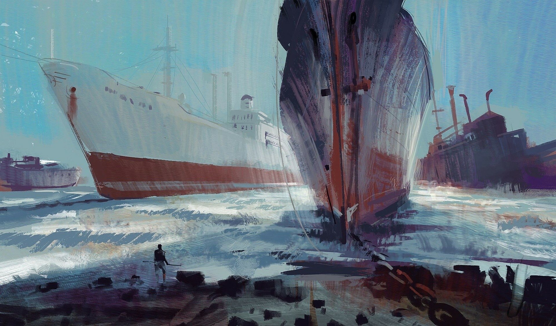 HD wallpaper of a ship being launched into the sea, with water splashing around as a figure observes.