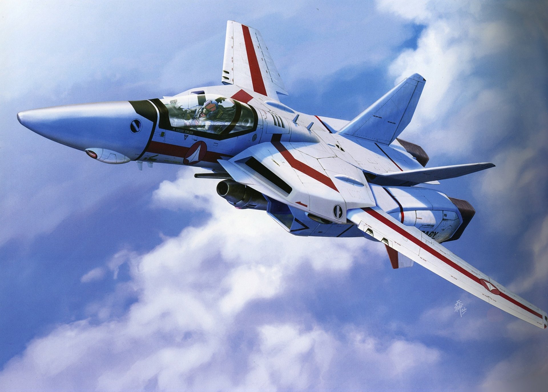 HD PC desktop wallpaper featuring an anime-style fighter jet from Macross soaring through a cloudy sky with dynamic lighting and detailed design.