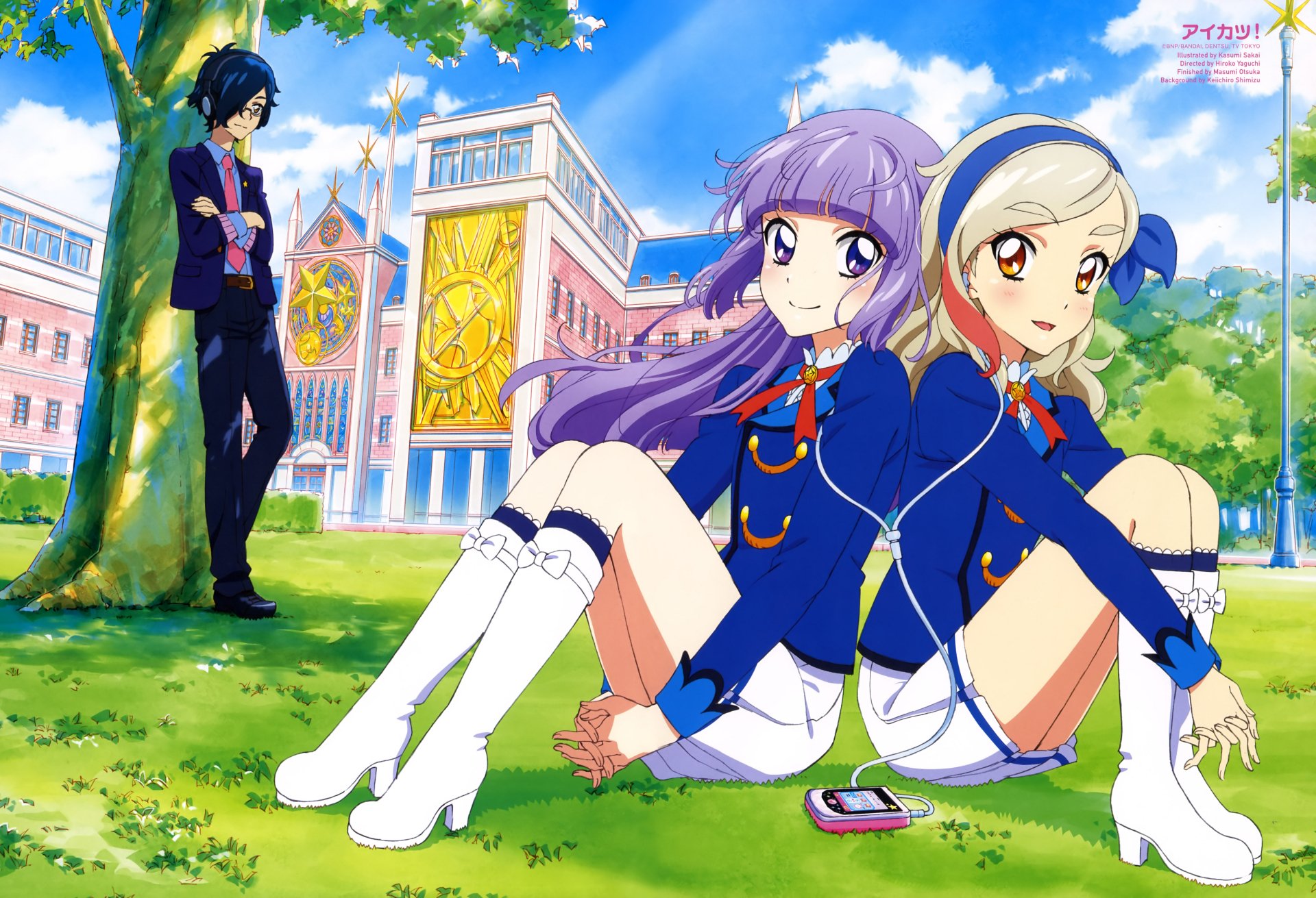 Aikatsu! anime 5K Ultra HD PC desktop wallpaper: two girls in blue school uniforms sit on sunny campus grass sharing earphones, while a boy leans against a tree by the school.