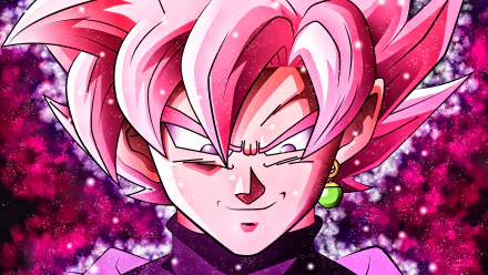 HD desktop wallpaper featuring Black Goku in his Super Saiyan Rosé form from Dragon Ball Super. His pink hair and intense expression stand out against a vibrant pink and purple background.