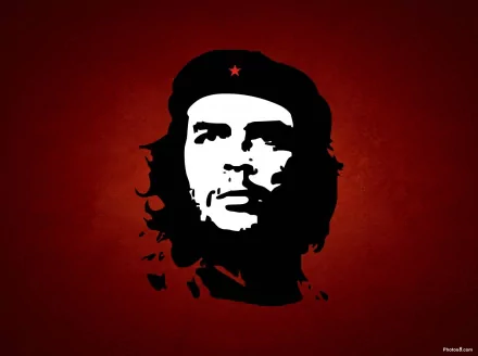 High-definition image of Che Guevara against a striking red background, capturing his iconic military persona and revolutionary spirit.