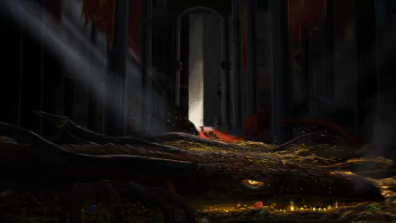 HD fantasy PC wallpaper depicting a massive dragon guarding a vast treasure hoard inside a dark, towering chamber illuminated by beams of light.