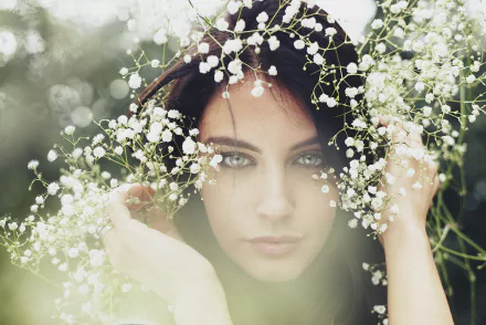 Close-up of a brunette model woman with blue eyes framed by delicate white flowers — 5K Ultra HD PC desktop wallpaper/background