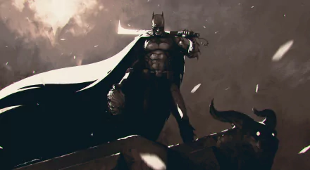 Batman stands heroically with a large sword in a dark, dramatic comic scene. This HD desktop wallpaper captures his iconic silhouette against a brooding background.