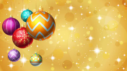 Festive Christmas ornaments in vibrant colors hang against a sparkling golden background, captured in a 4K Ultra HD PC desktop wallpaper.