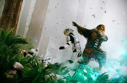 HD wallpaper from Star Wars Episode VI: Return of the Jedi featuring Chewbacca in action against a stormtrooper in a forest setting.