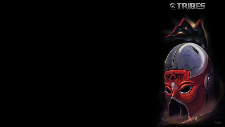 HD PC desktop wallpaper for the video game Starsiege: Tribes — a red tribal helmet/mask and smaller helmet emblem sit on the right against a deep black background with the Tribes logo above.