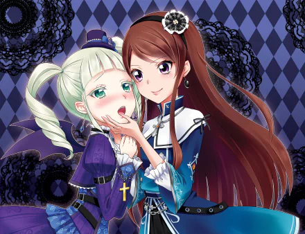 HD PC desktop wallpaper featuring two Aikatsu! anime characters dressed in detailed gothic and Victorian-inspired outfits, set against a dark patterned background.