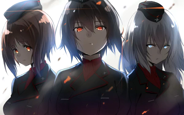 HD wallpaper featuring three characters from the anime Girls und Panzer, set against a dynamic backdrop with a dramatic, light-filled atmosphere. The characters wear military-inspired uniforms.