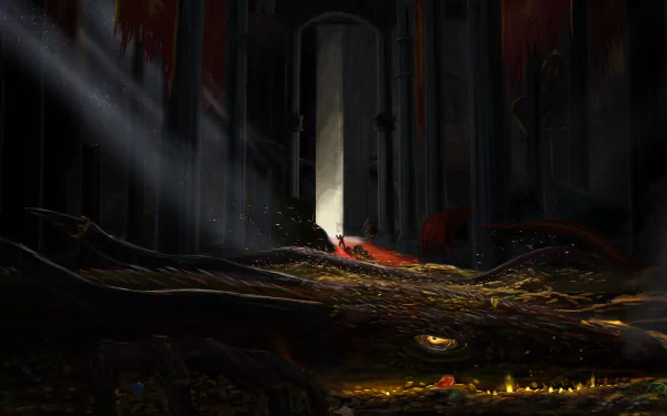 HD fantasy PC wallpaper depicting a massive dragon guarding a vast treasure hoard inside a dark, towering chamber illuminated by beams of light.