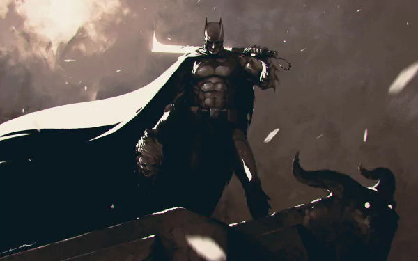 Batman stands heroically with a large sword in a dark, dramatic comic scene. This HD desktop wallpaper captures his iconic silhouette against a brooding background.