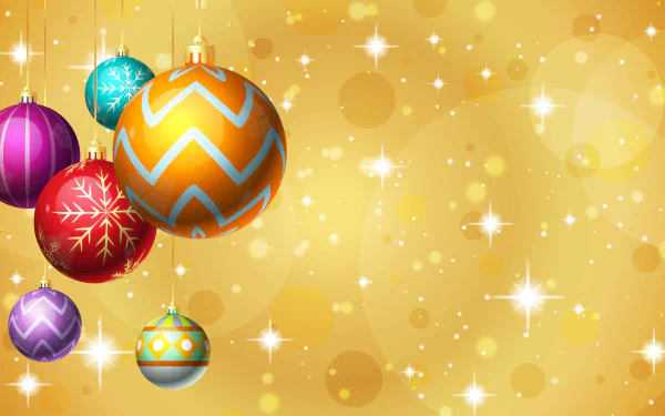 Festive Christmas ornaments in vibrant colors hang against a sparkling golden background, captured in a 4K Ultra HD PC desktop wallpaper.