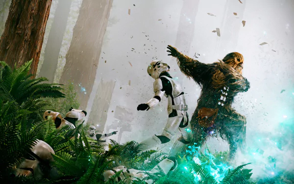 HD wallpaper from Star Wars Episode VI: Return of the Jedi featuring Chewbacca in action against a stormtrooper in a forest setting.