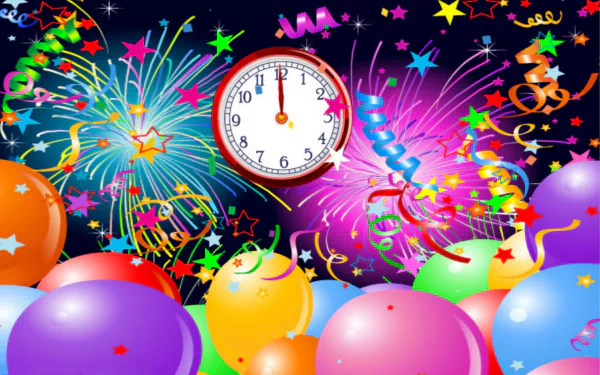 Colorful New Year holiday HD desktop wallpaper featuring a clock at midnight, vibrant balloons, confetti, and fireworks against a dark festive background.