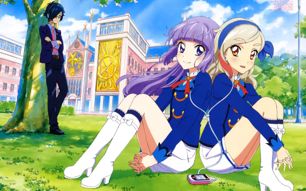 Aikatsu! anime 5K Ultra HD PC desktop wallpaper: two girls in blue school uniforms sit on sunny campus grass sharing earphones, while a boy leans against a tree by the school.