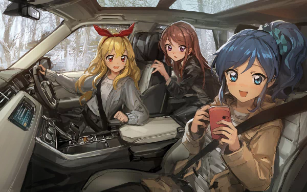 Anime-style HD desktop wallpaper featuring three Aikatsu! characters inside a car with a snowy forest visible through the windows.