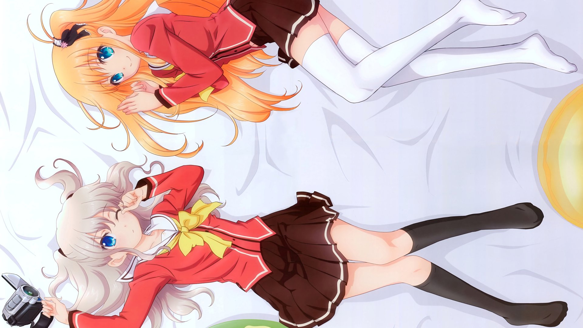 HD desktop wallpaper featuring two characters from the anime Charlotte, lying down with vibrant backgrounds and detailed artwork.